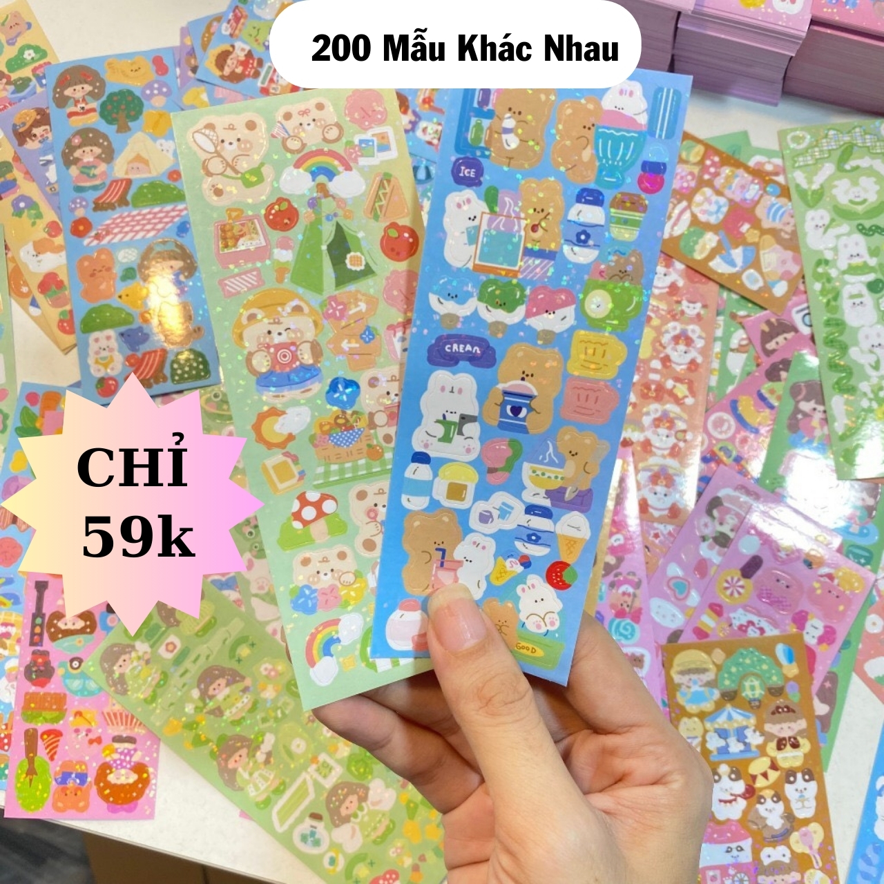 Set 100 tấm sticker trang trí Toploader Sổ Tay Lấp Lánh Laser Bling Bling Cartoon