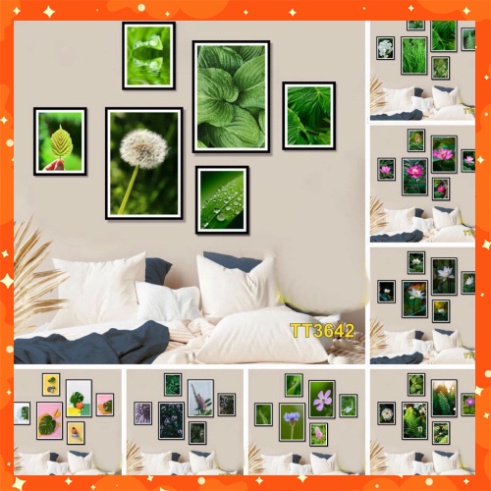 Tranh treo tường Tranh bộ treo tường, dán tường, mẫu lá và hoa sen, canvas,T73