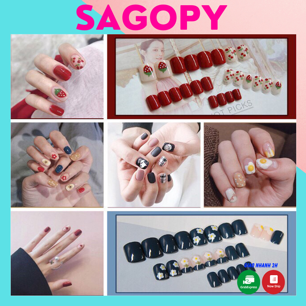 Móng tay giả có kèm keo sẵn (bộ 24 móng) đẹp trong suốt nhiều màu không đính đá, bò sữa chống thấm nước giá rẻ