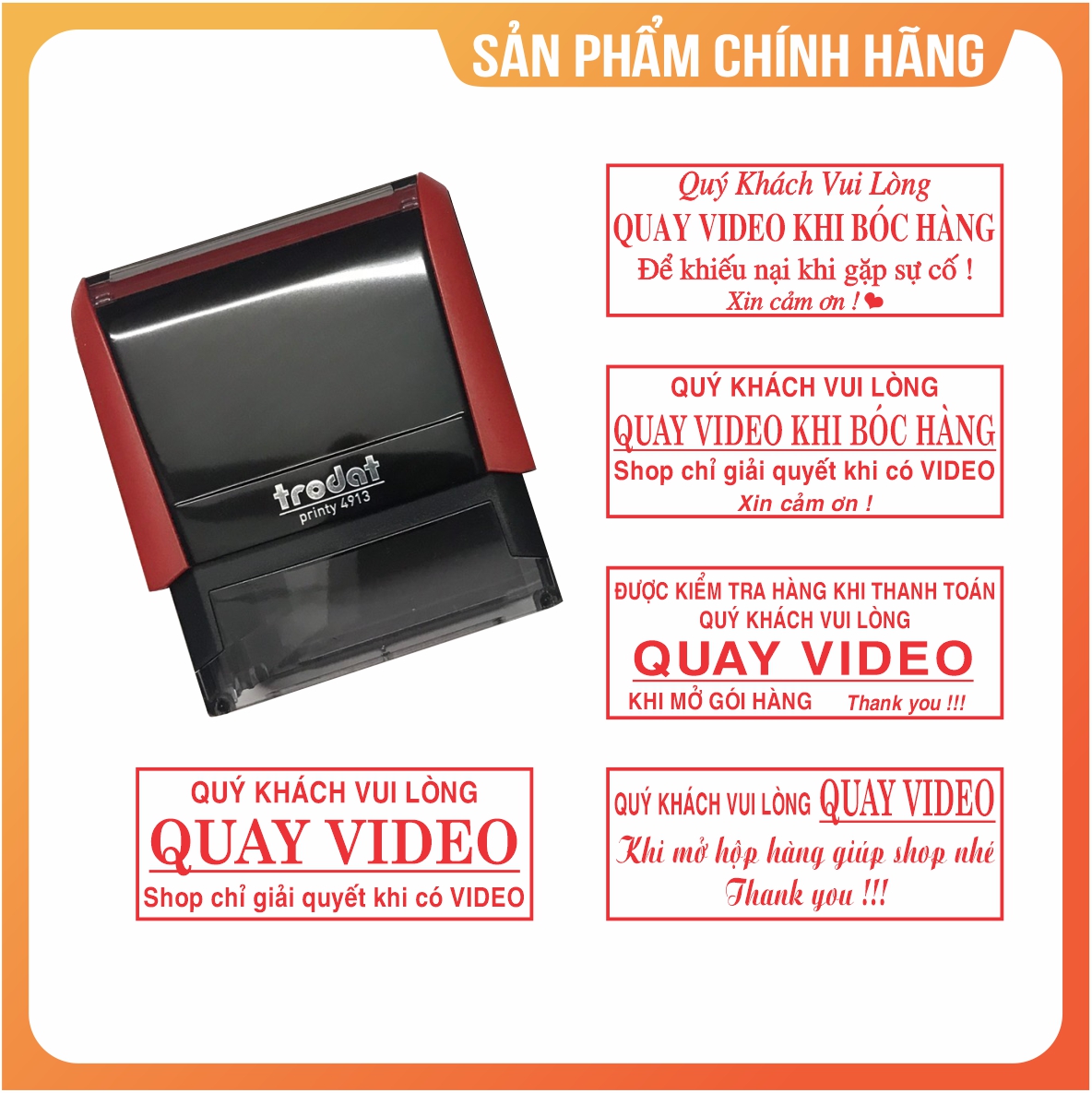 Con dấu quay video trước khi mở hàng màu đỏ kich thước 57x22mm, hiệu Trodat chính hãng
