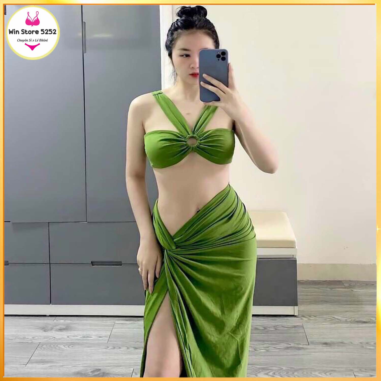 Set bikini đồ bơi 3 món hồ ngọc hà áo khoen tròn váy xoắn eo bm-012