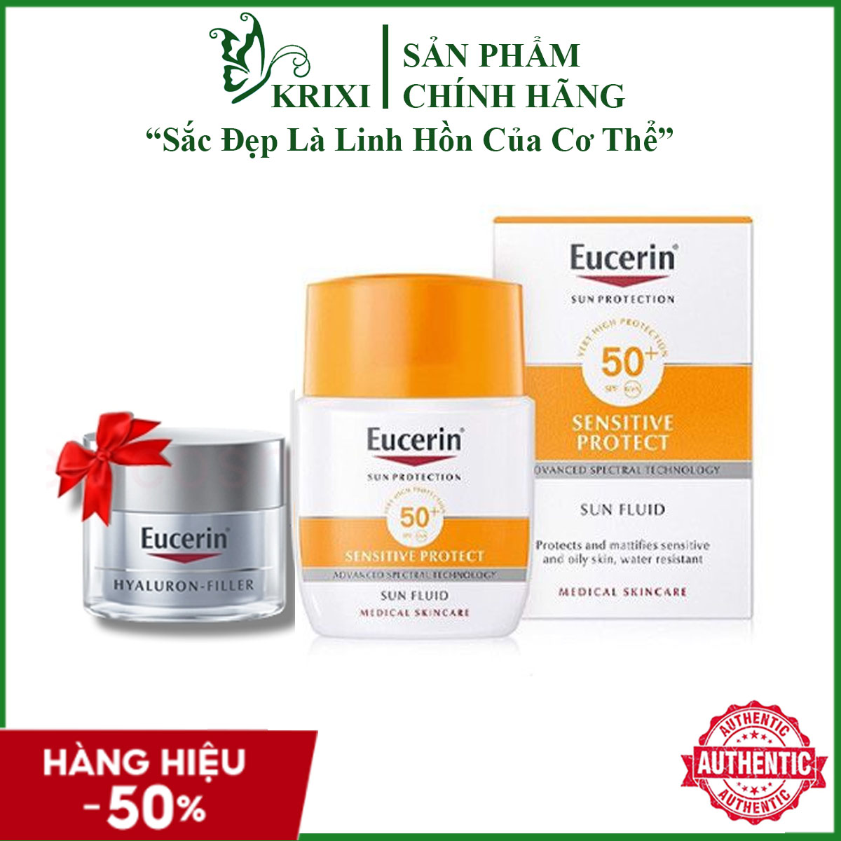 Set Kem Chống Nắng Eucerin Sun Fluid Sensitive Protect 50ml + Kem Dưỡng Chống Lão Hóa Ban Đêm Eucerin 20ml