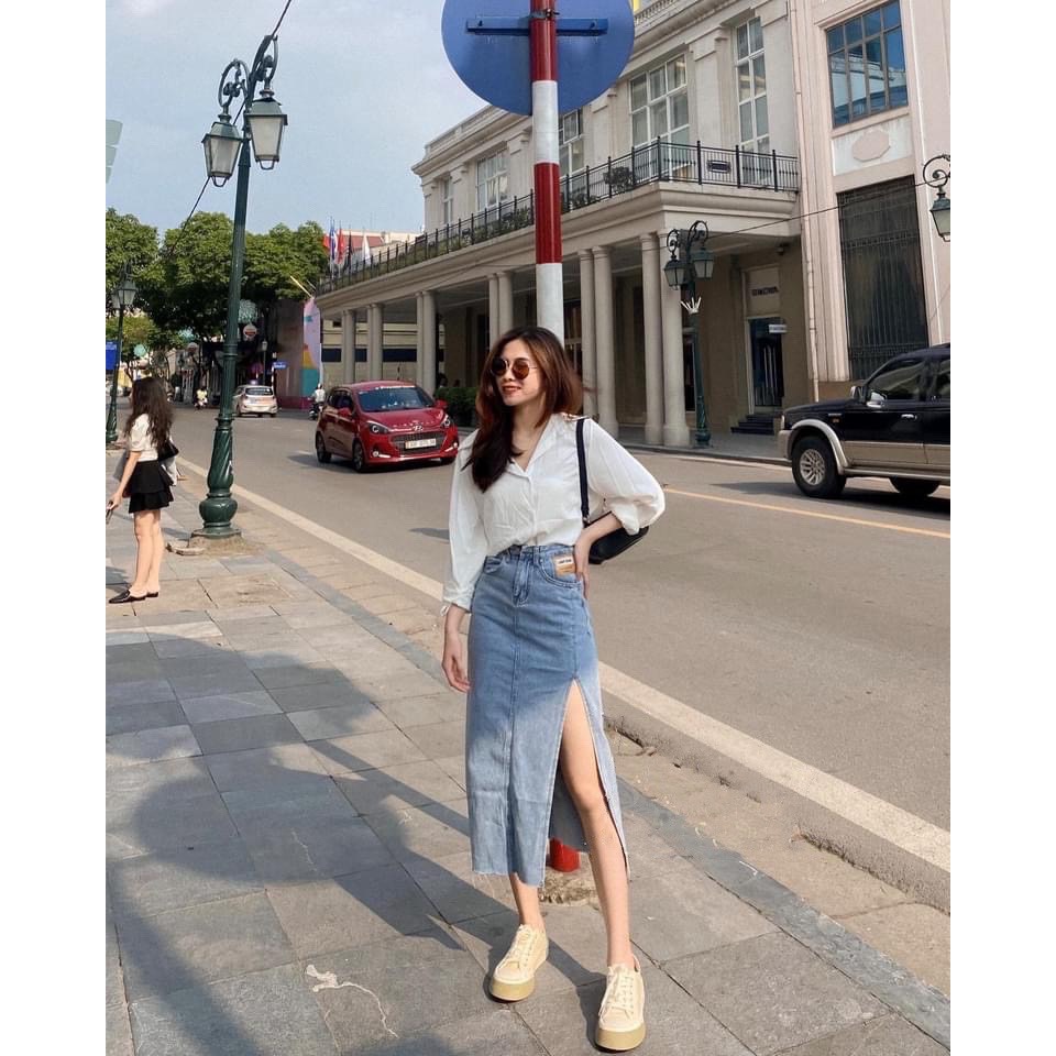 Chân váy bò xẻ mác túi cvjeanxe, váy jeans dáng dài