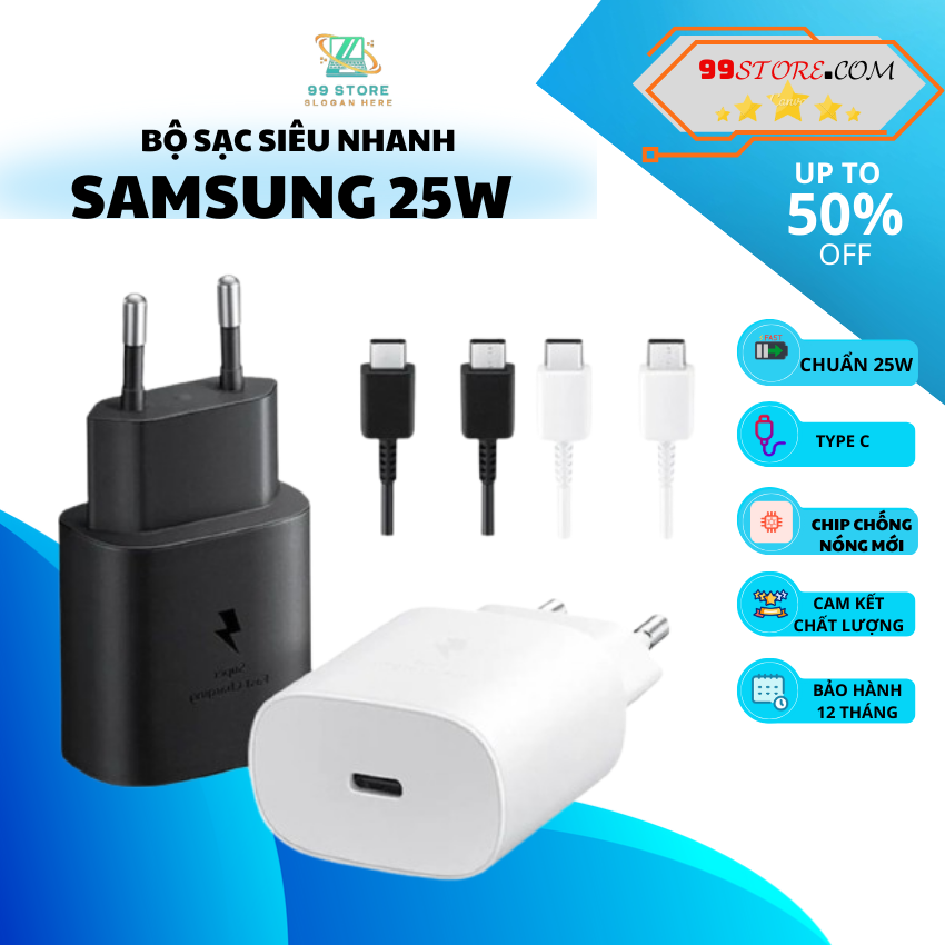 Sạc Samsung 25w siêu nhanh Bộ sạc: Củ sạc 25w và Dây sạc Samsung Type C màu đen trắng Củ 25W Sạc Siê