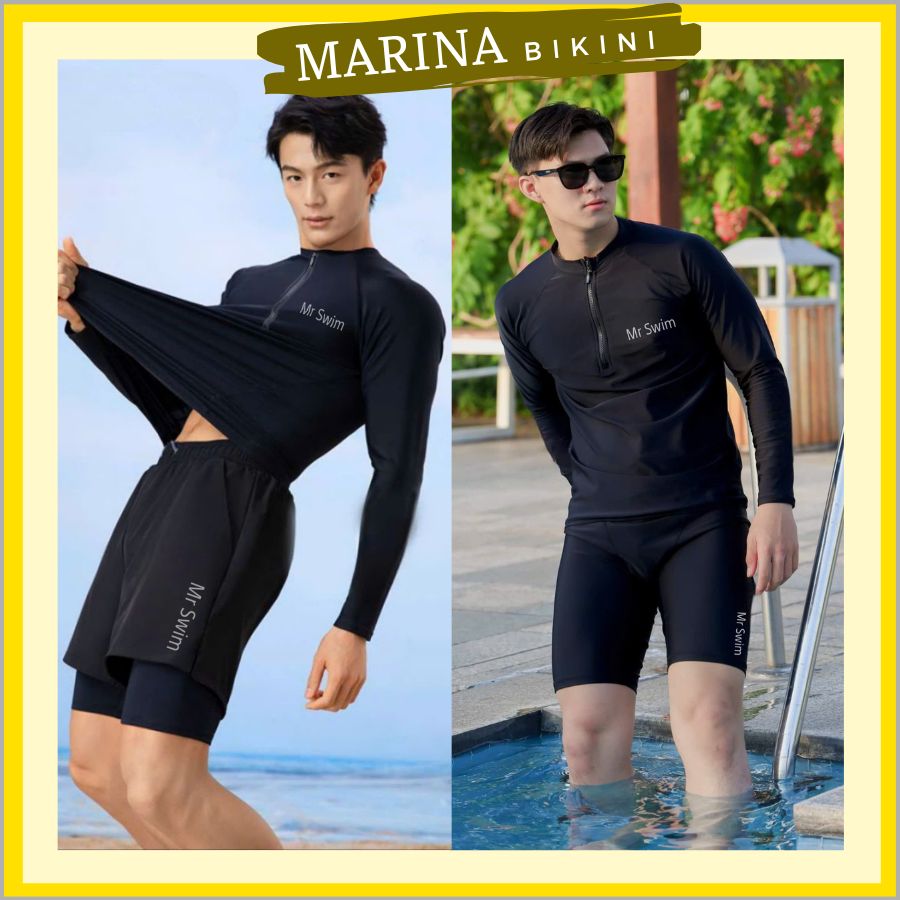  Đồ bơi nam áo tay dà &i tay ngắn có khóa kéo màu đen quần 2 lớp kiểu dáng thể thao đi biển phong cách trẻ trung 