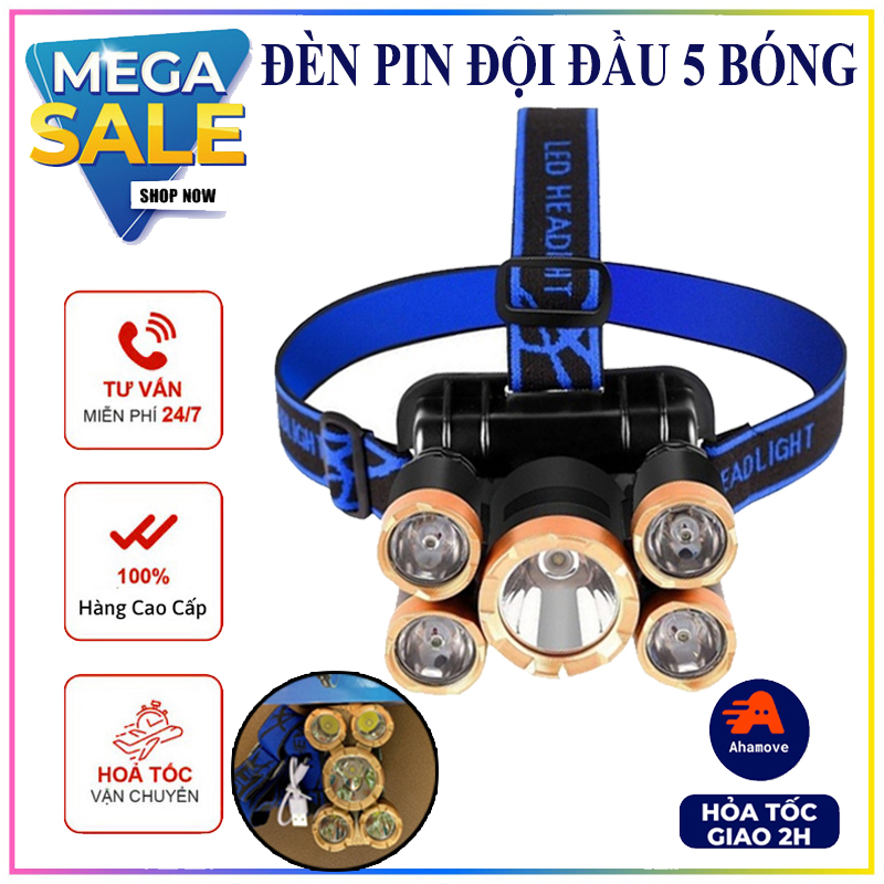 [ HÀNG TỐT GIÁ RẼ ] Đèn pin đội đầu 5 bóng , sạc điện, nhiều chế độ, thu ánh sáng gần xa bao gồm 2 pin sạc và cục sạc