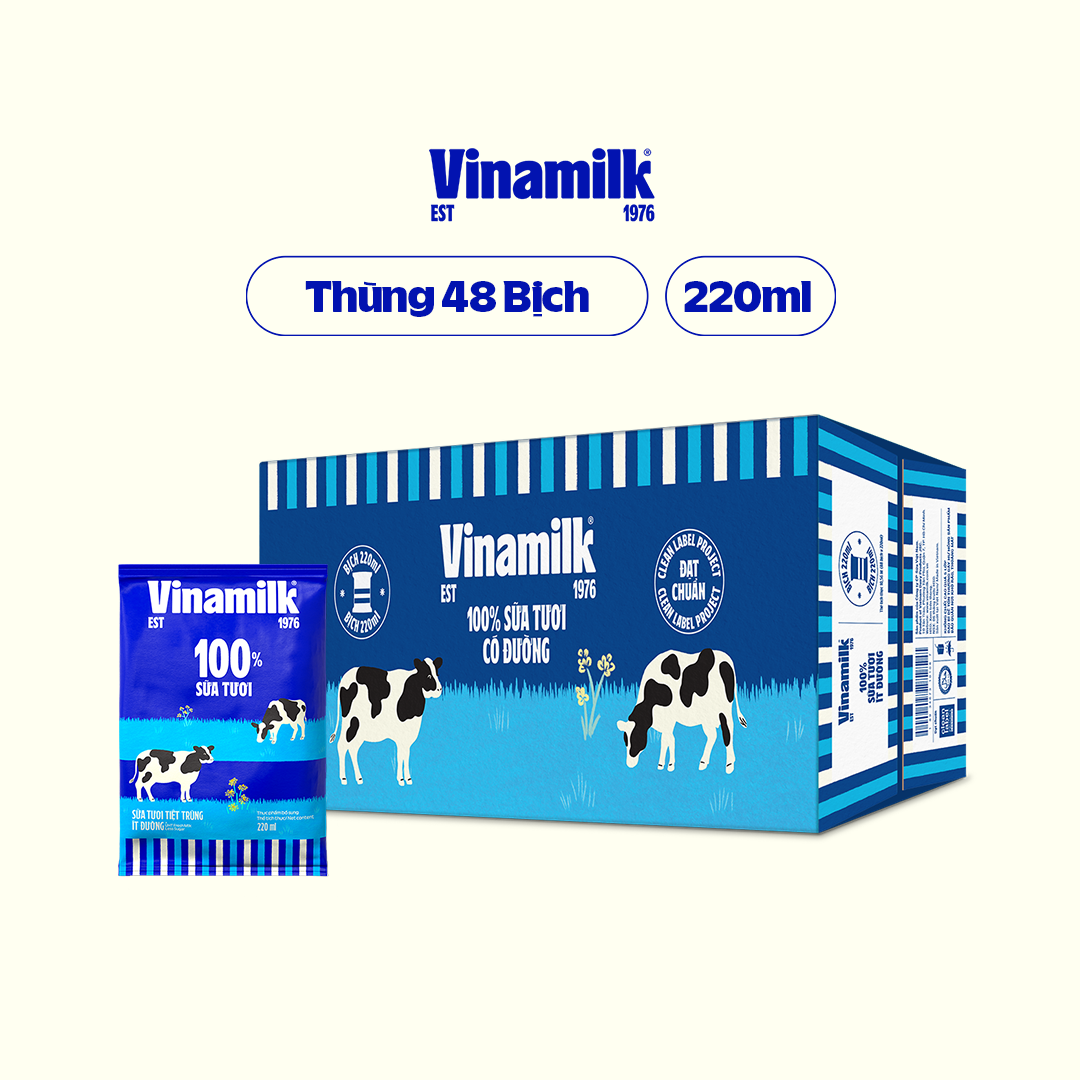 Thùng 48 bịch Sữa tươi tiệt trùng ít đường Vinamilk 100 Sữa tươi 220ml