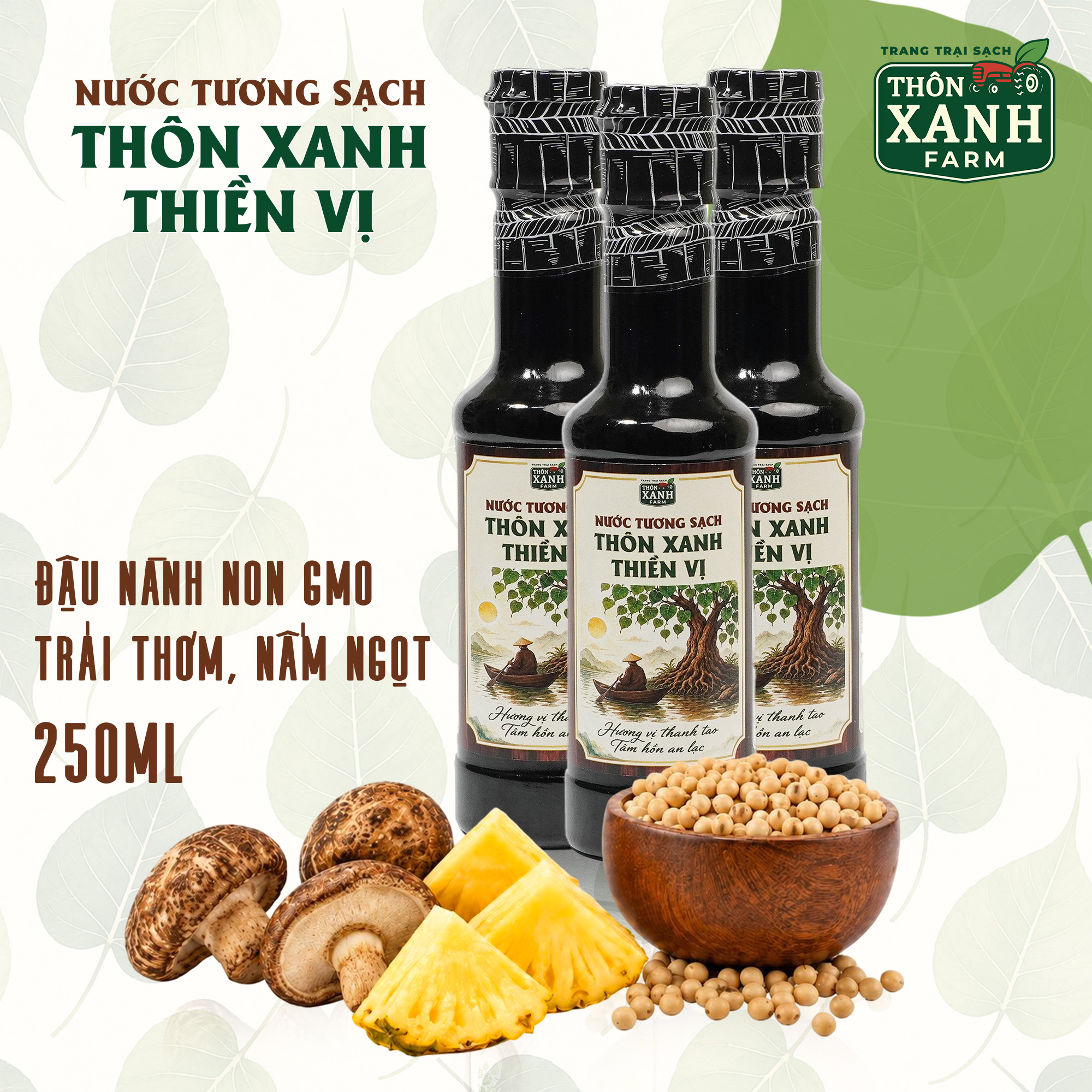 Combo 3 Nước tương sạch Thôn Xanh Thiền Vị 250ml - Đậu nành nấm ngọt trái thơm Làng Chài Xưa