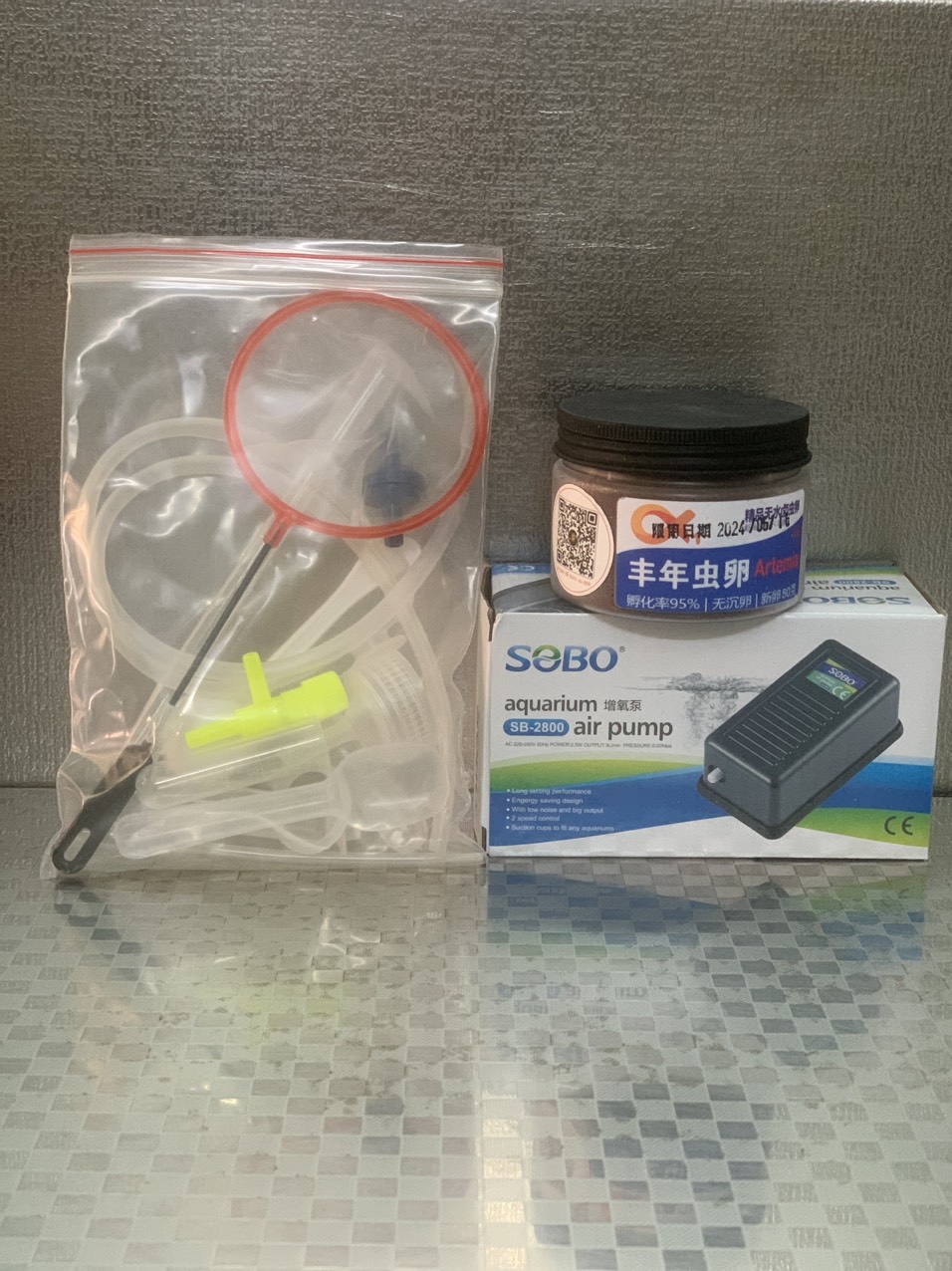 Combo hủ 80g artemia+máy oxy 1 vòi+bộ ấp artemia