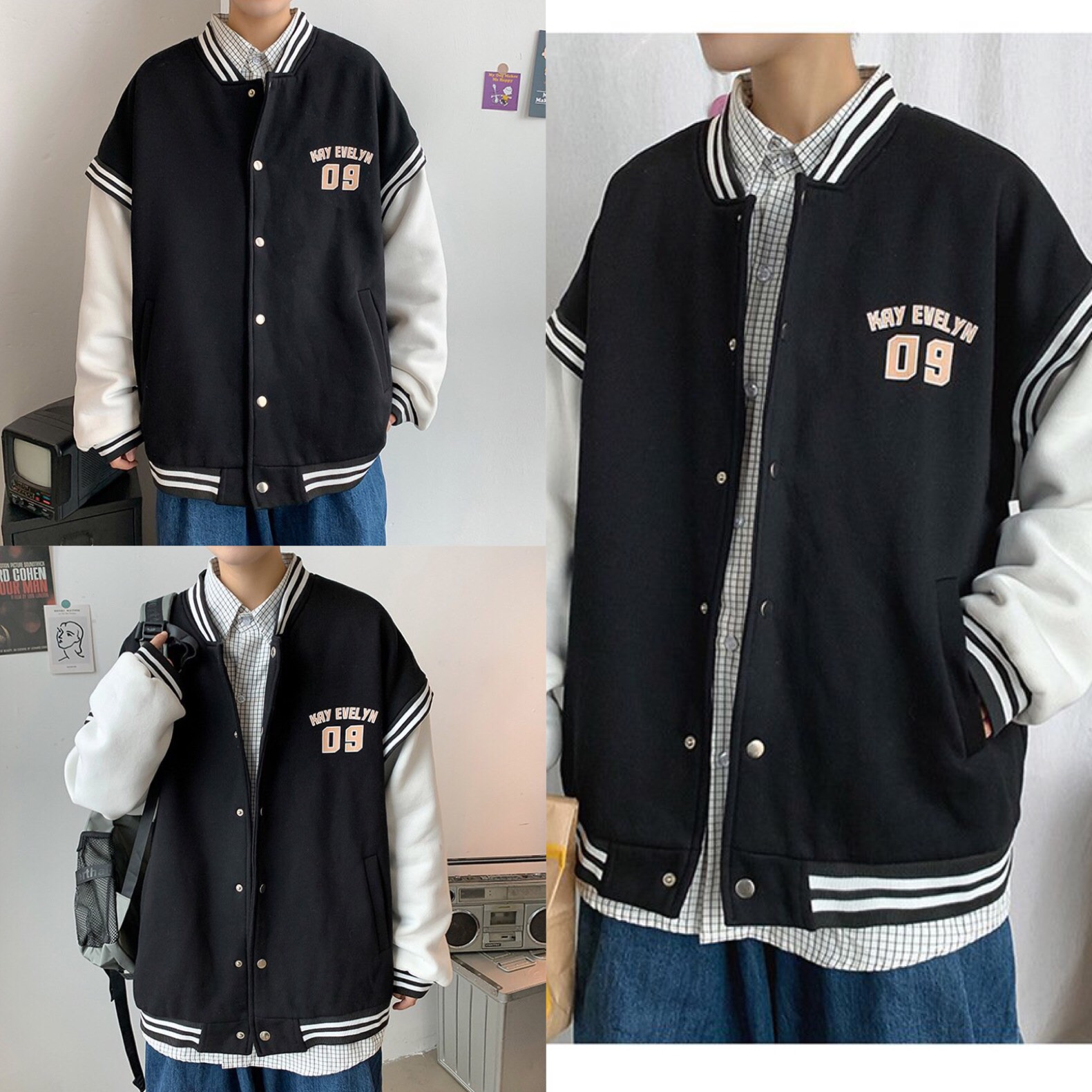 Áo khoác nỉ bomber nam dài tay phối tay trăng 09 unisex form rộng kiểu dáng hàn quốc thời trang