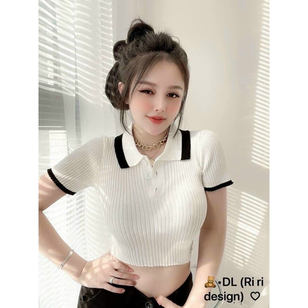 Áo gân cổ bẻ croptop 2 màu , chất thun gân len