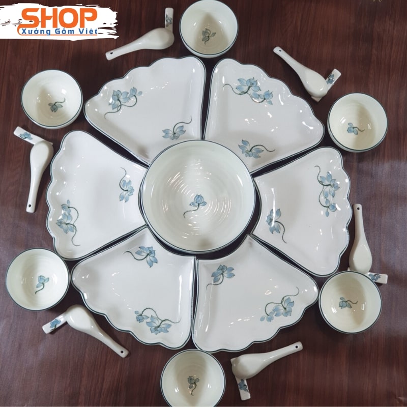 Bộ bát đĩa sứ 7 món đẹp sang trọng hàng BÁT TRÀNG CAO CẤP - XƯỞNG GỐM VIỆT