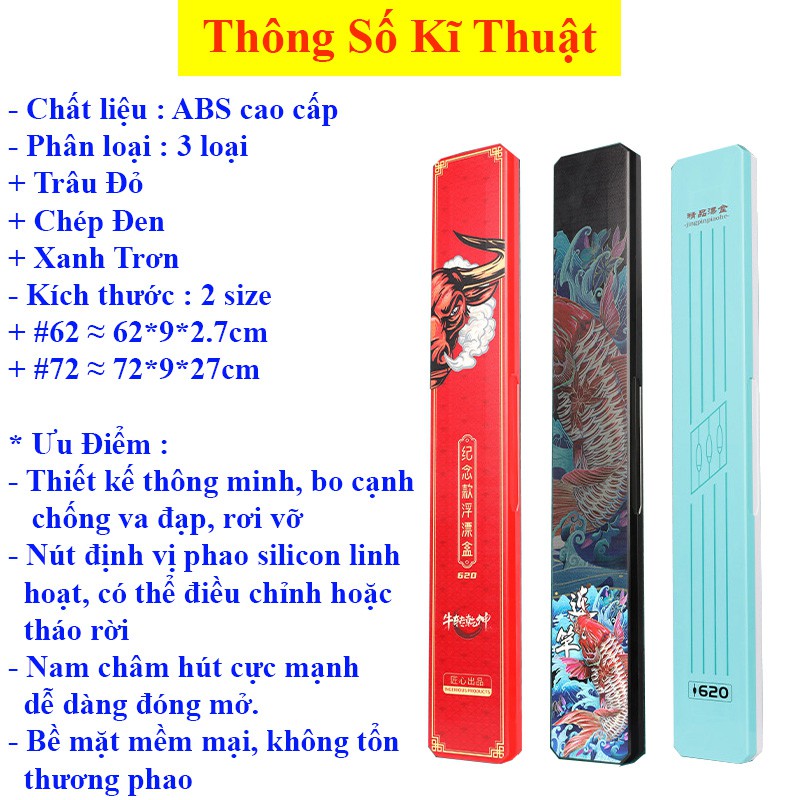 Hộp Đựng Phao Câu Đài hai lớp in họa tiết Trâu Đỏ , Chép Đen 62, 72cm Cao Cấp