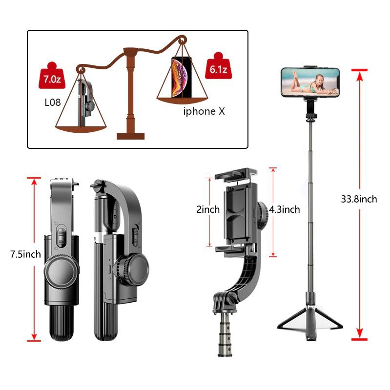 Gậy chống rung gimbal stabilizer l08 gậy selfie chống rung điện tử gimbal l08 có bluetooth - có chân đỡ tự đứng - kéo dài tới 86cm gậy chụp ảnh selfie xoay 360 độ chống rung kết nối bluetooth cho ios android