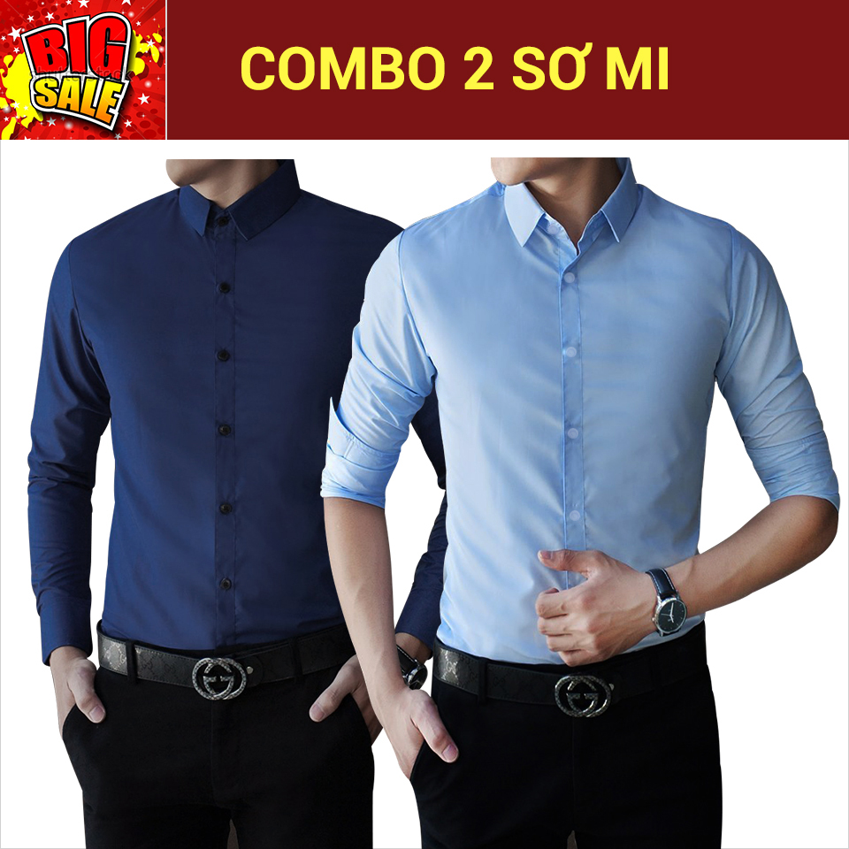 Áo sơ mi nam tay dài COMBO 2 áo (xanh đậm + xanh nhạt) theo phong cách áo sơ mi nam đẹp kiểu 2022