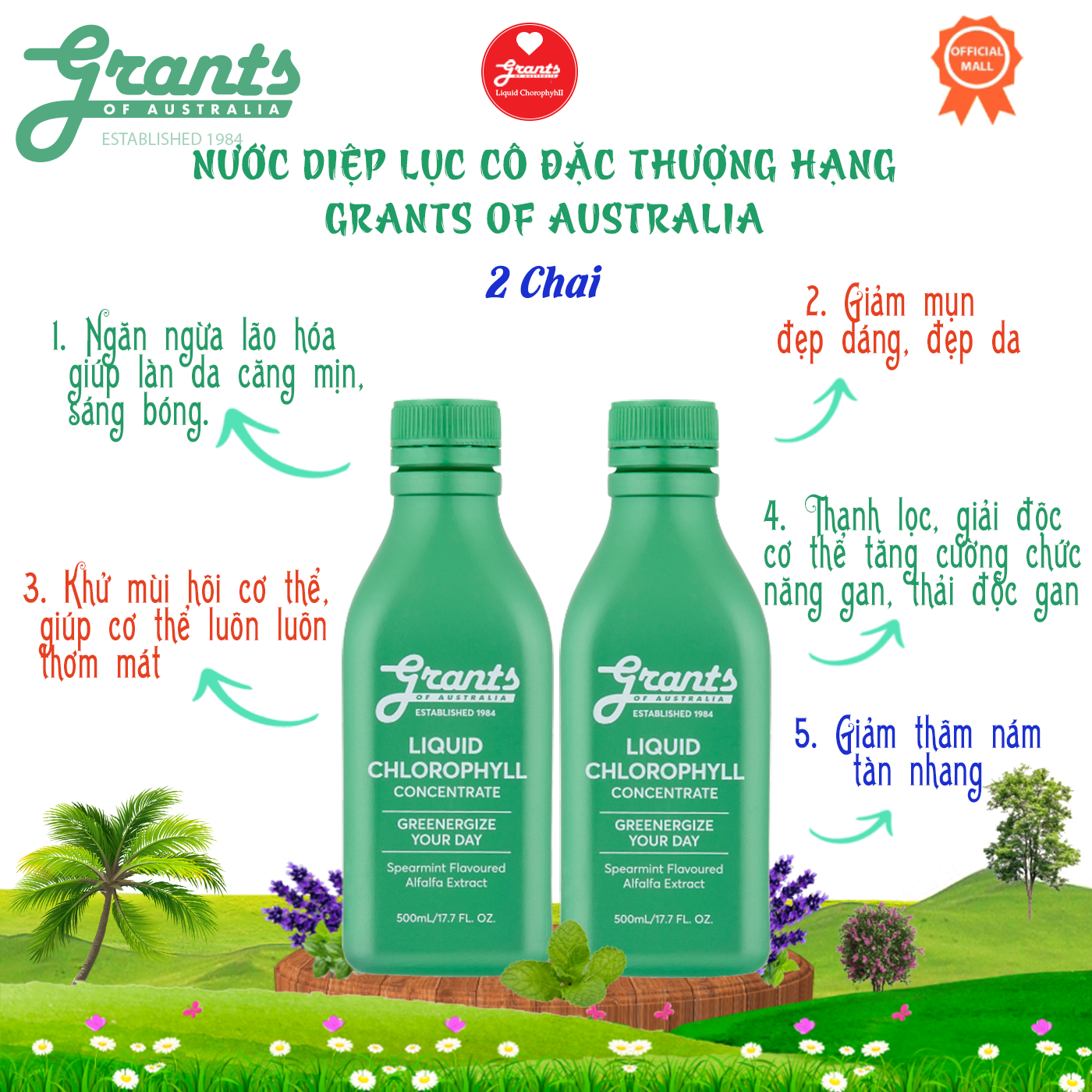 Nước diệp lục cô đặc Grants - 500ml , Diệp lục giúp ngăn ngừa mụn, mụn nội tiết, giải độc gan, giảm nóng trong, tăng sinh hồng cầu. đẹp dáng, đẹp da, cân bằng độ PH giúp ngăn trào ngược dạ dày