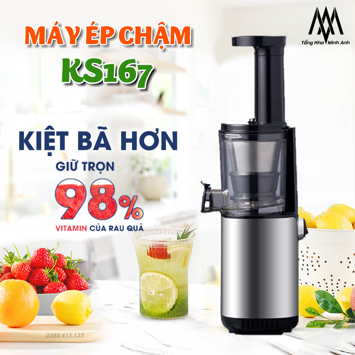Máy ép chậm ks167 - ép kiệt bã - vỏ bọc inox 304 - máy ép trái cây mini - máy xay hoa quả - máy ép mini