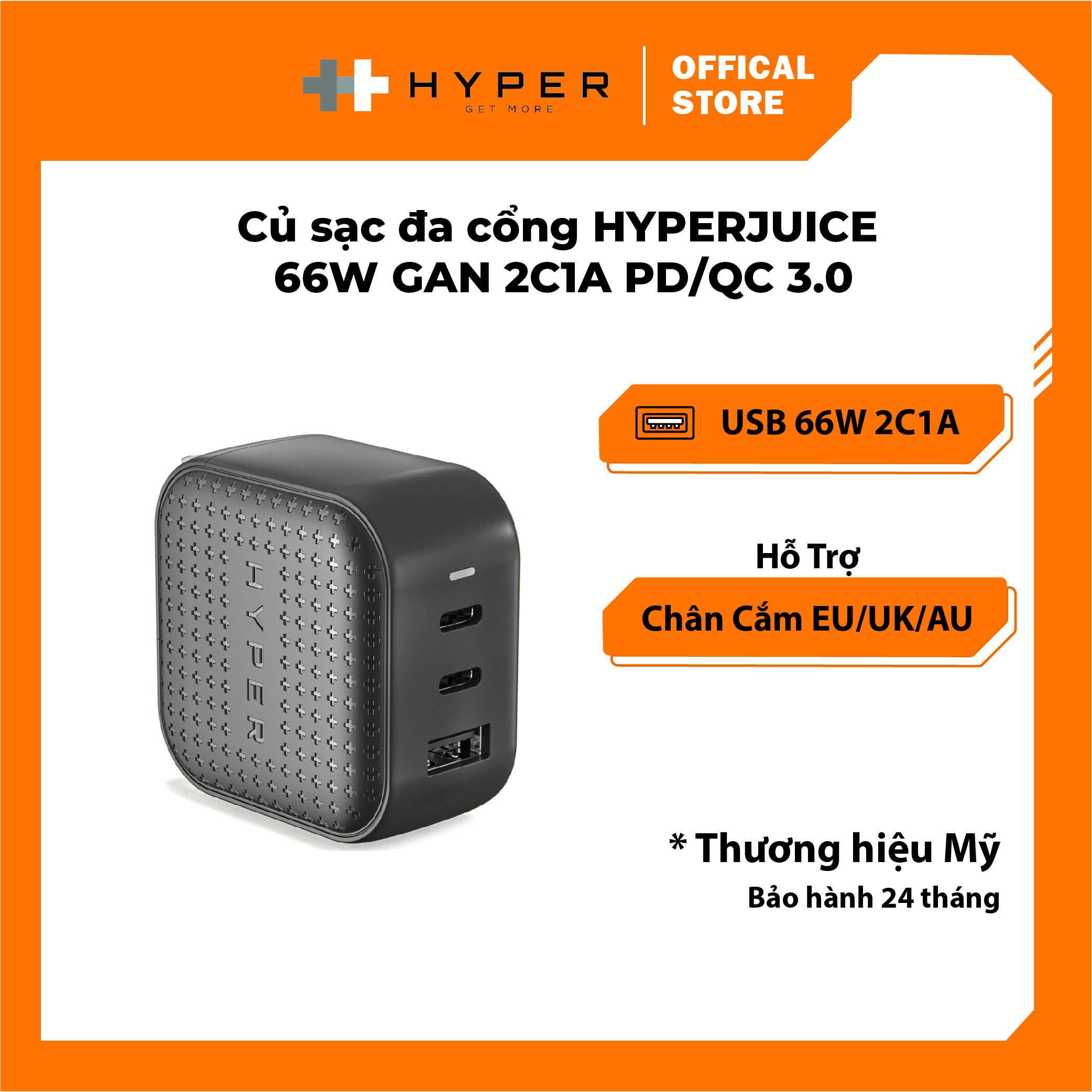 SẠC ĐA CỔNG PD/QC3.0 VÀ PPS HYPERJUICE 66W GAN CHARGER (2C1A) – HJ265 - HÀNG CHÍNH HÃNG