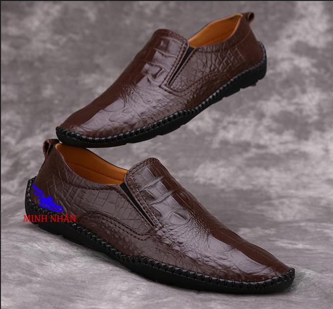 Minh Nhân - Giày Lười mọi nam Giày công sở nam Slipon Da Bò cao cấp thời trang hàng hiệu giá rẻ dập Vân Cá Sấu Siêu Mềm S-6 màu nâu