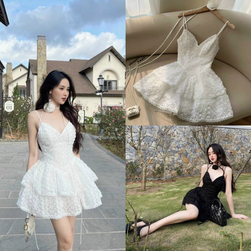 Váy thiết kế - Đầm tiểu thư dây ren hoa xoè 2 tầng kèm dây hoa