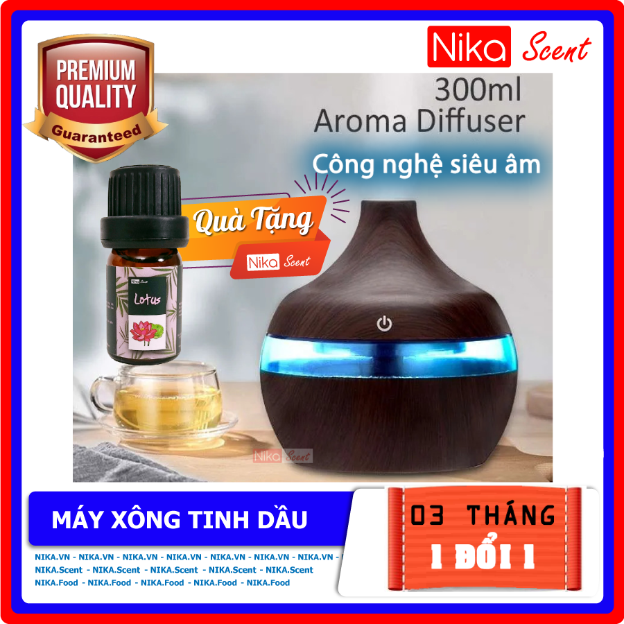 [HCM]Nikascent Máy xông tinh dầu phòng ngủ công nghệ siêu âm Vân gỗ + Tặng 1 lọ tinh dầu 10ml
