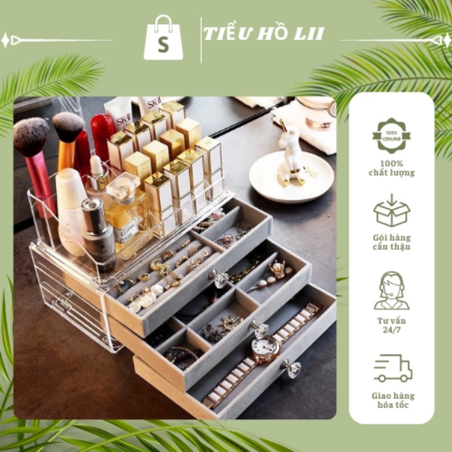 Hộp đựng trang sức 3 ngăn kéo bọc nhung kèm khay son