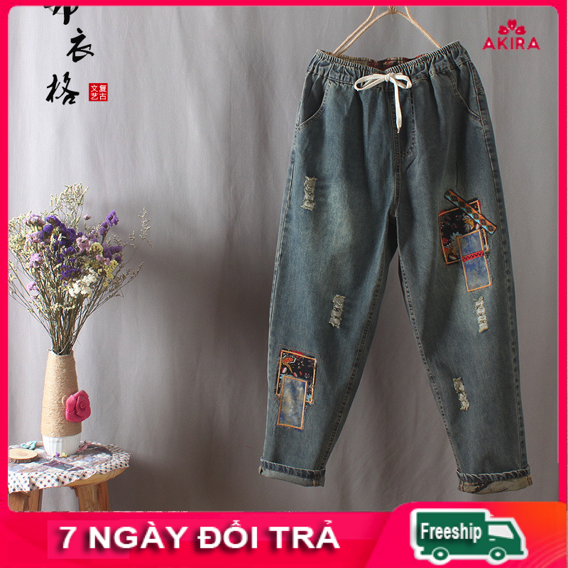 Quần jean baggy nữ lưng thun form rộng thêu thời trang phong cách Nhật Bản Akira Store