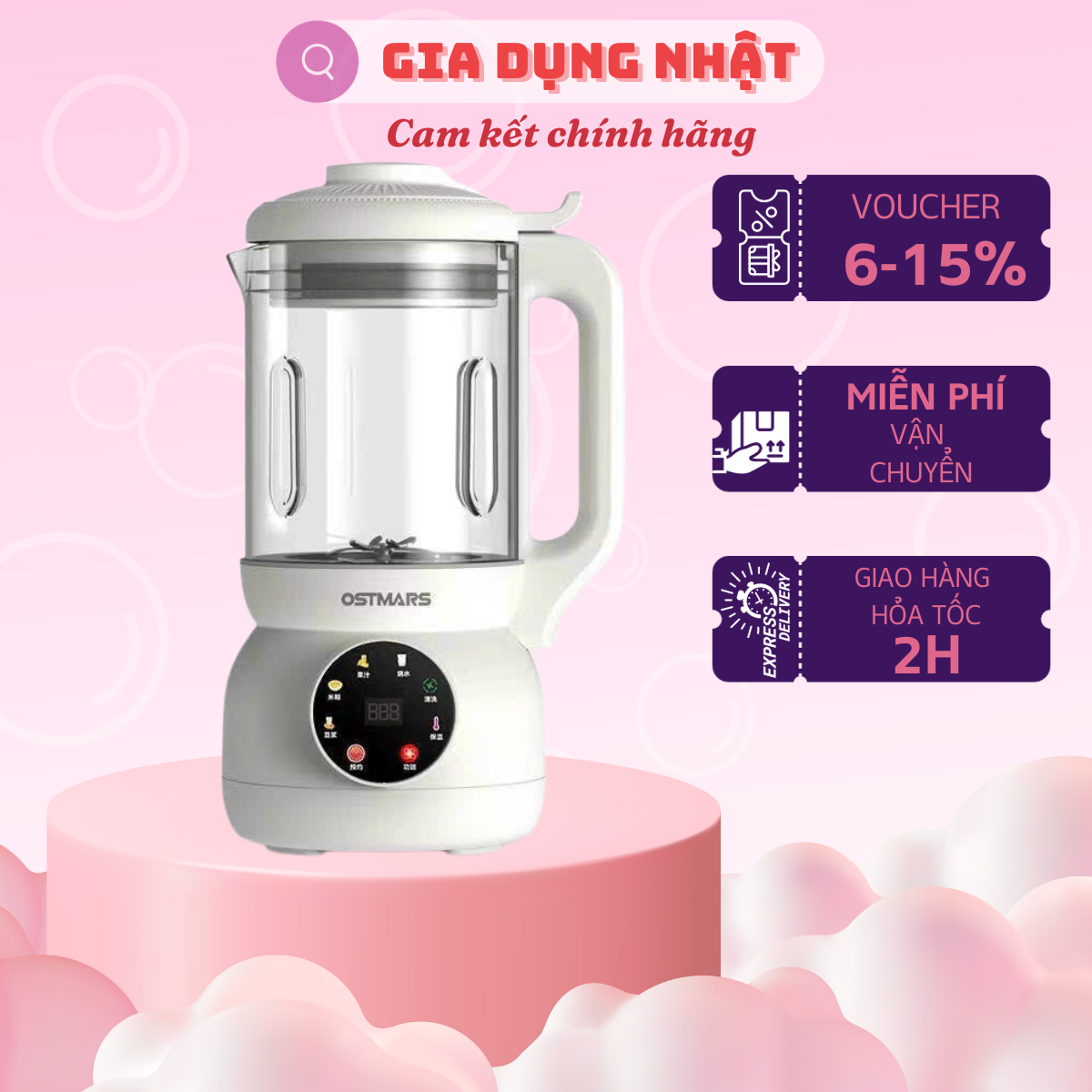 Máy làm sữa hạt OSTMARS thủy tinh 1,2L 6 chế độ nấu tự động đáy chống dính không bị khê
