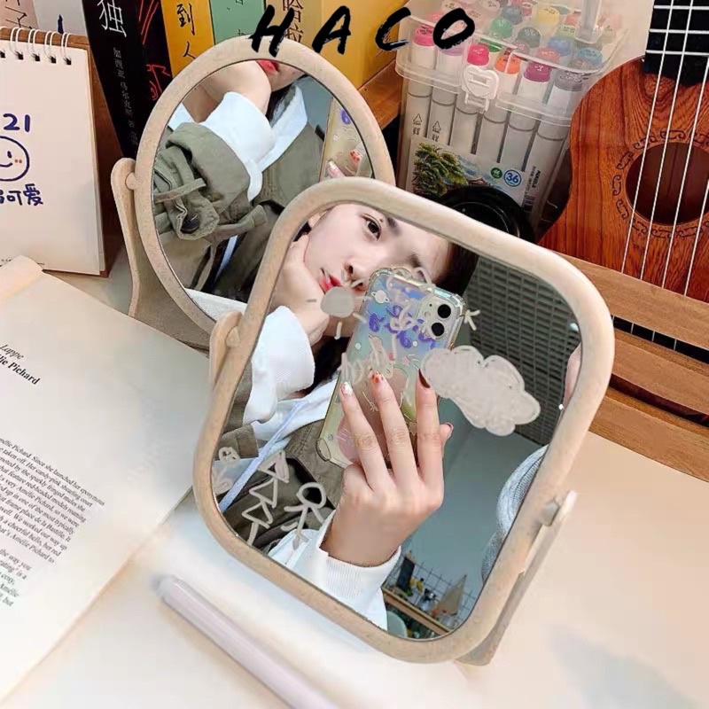 Gương để bàn🍁FREESHIP🍁 Gương trang điểm để bàn 2 mặt xoay chất liệu lúa mạch bền chắc