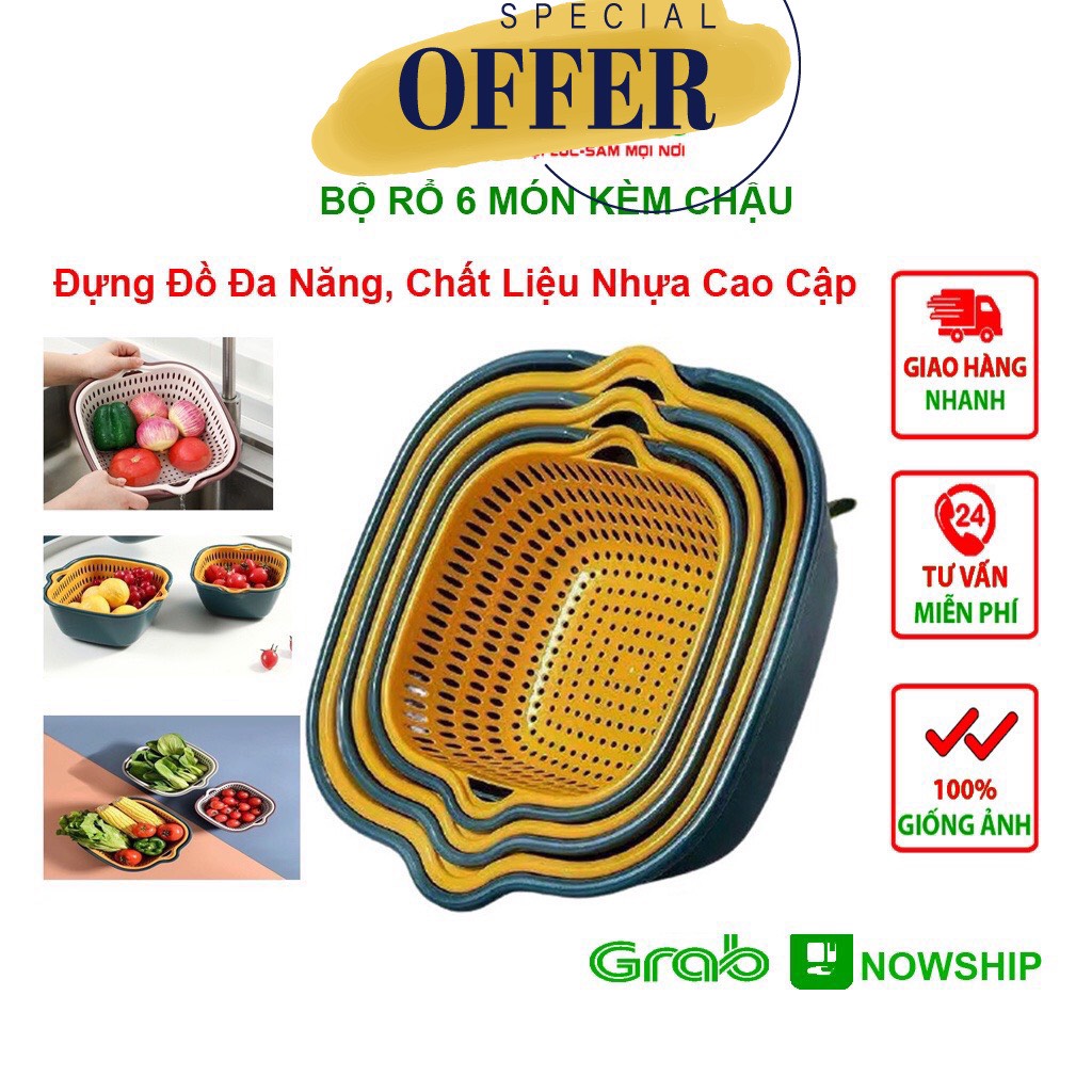 Set 6 món rổ kèm chậu bộ 3 rổ và chậu, thau nhựa rửa rau củ đựng hoa quả trái cây 2 lớp hình tròn chất liệu nhựa ABS siêu bền siêu sạch