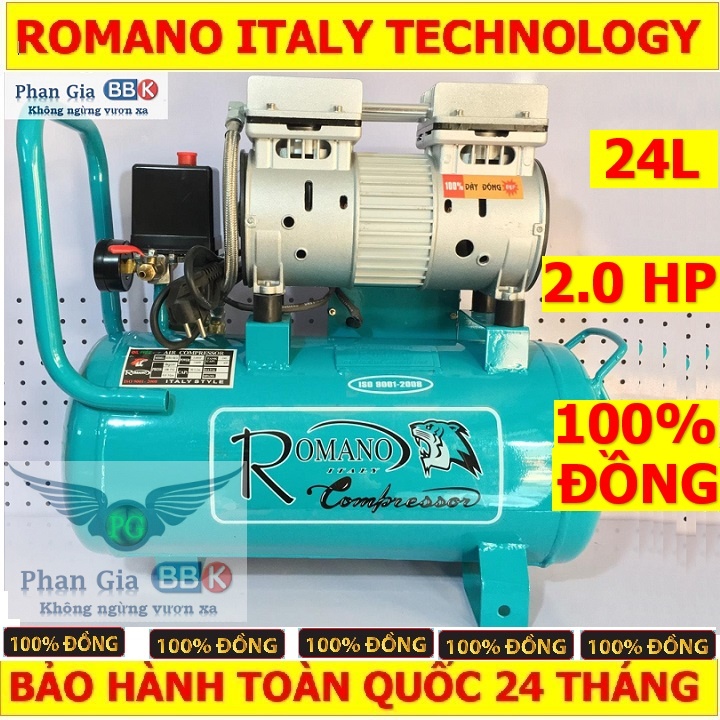 Máy nén khí ROMANO 24L, máy nén khí không dầu, máy nén khí 24 lít, máy nén khí 100% dây đồng