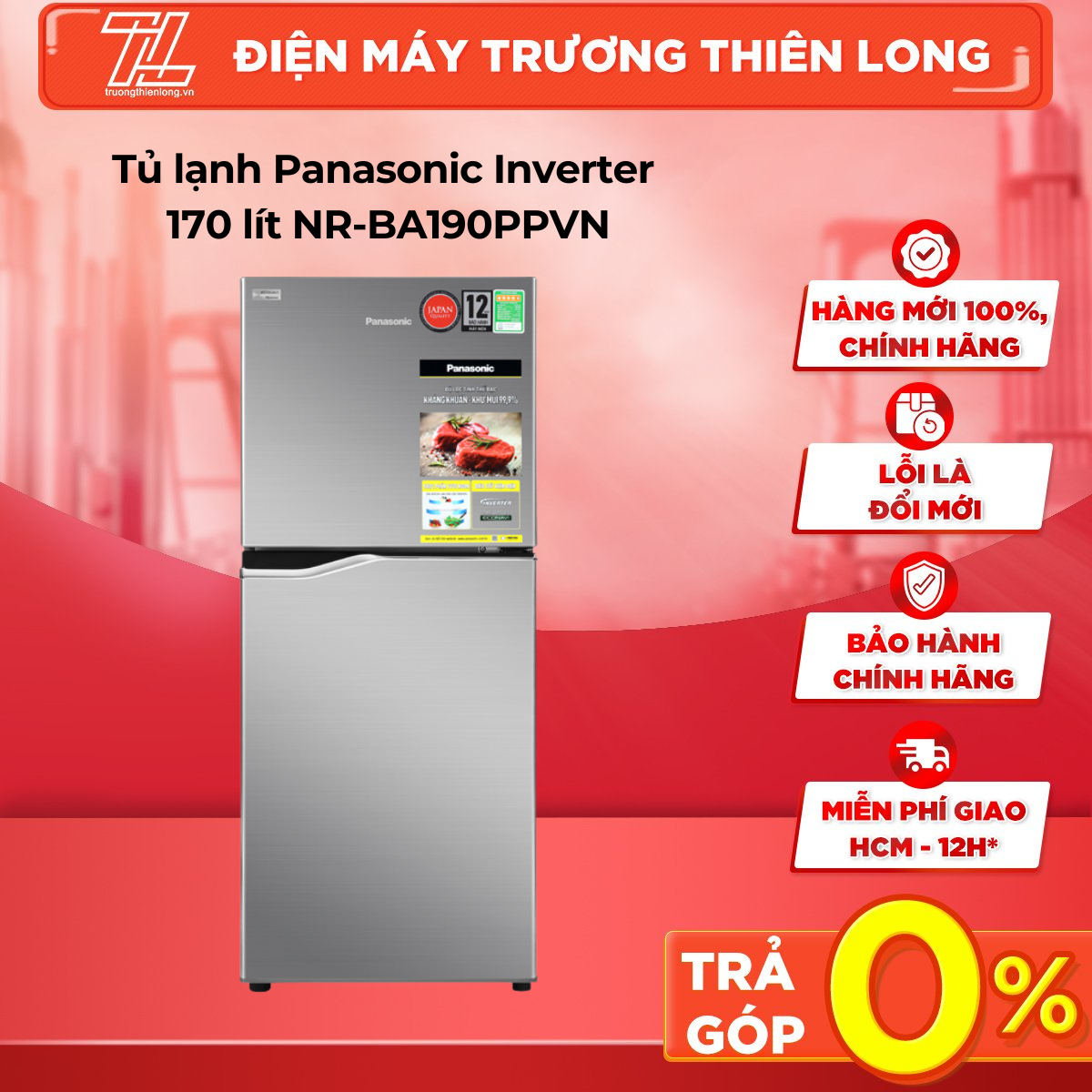 Tủ lạnh Panasonic Inverter 170 lít NR-BA190PPVN - TRẢ GÓP 0% - GIAO TOÀN QUỐC - NGOÀI HCM TÍNH PHÍ