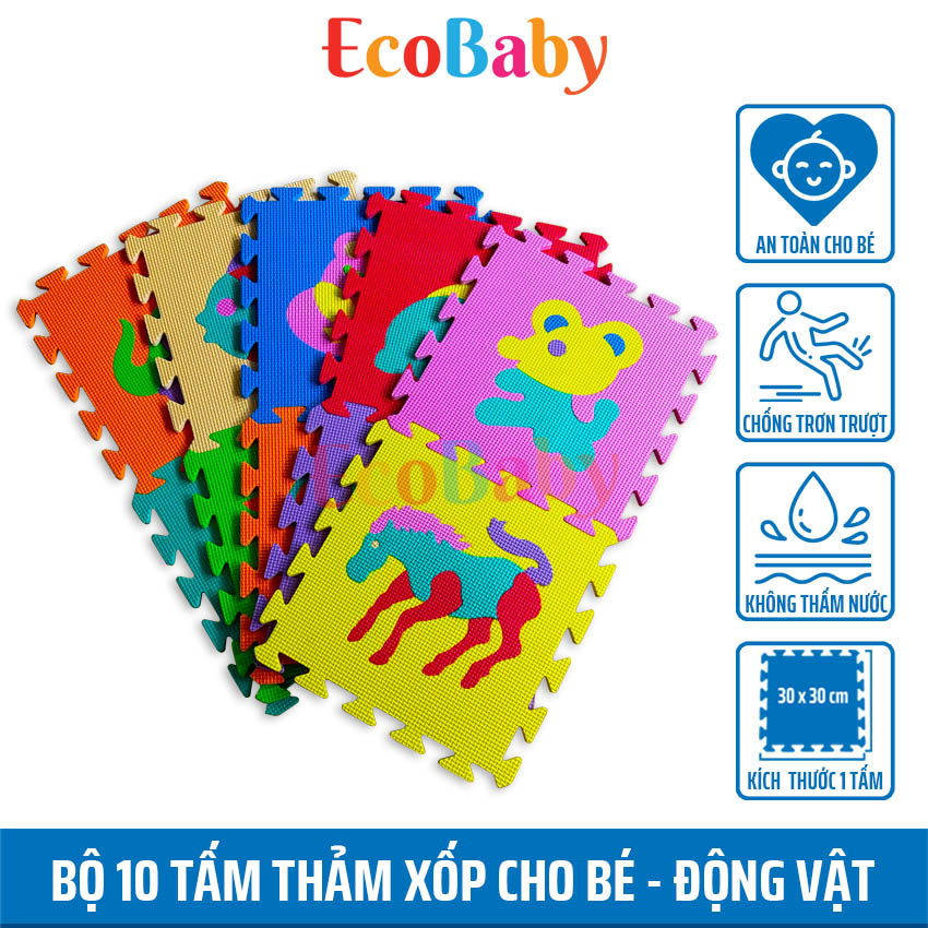 Bộ 10 tấm Thảm xốp ECOBABY cho bé, thảm chơi lót trải sàn, trò chơi lắp ghép xếp hình, đồ chơi cho bé kèm quà tặng – 30x30cm - Hình thú