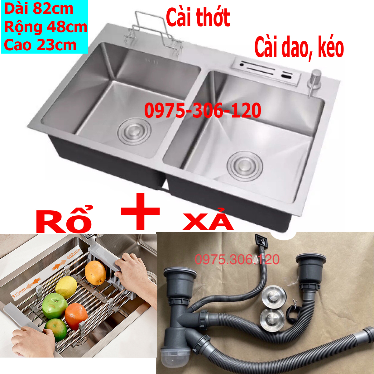 Combo chậu rửa chén bát inox 304 n16 8245 na.grand và rổ rửa đa năng và xả chậu