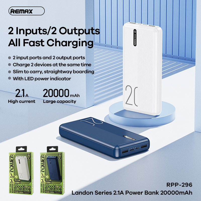 Sạc dự phòng remax rpp-296 20000mah lõi polymer 2 cổng sạc vào, 2 cổng sạc ra