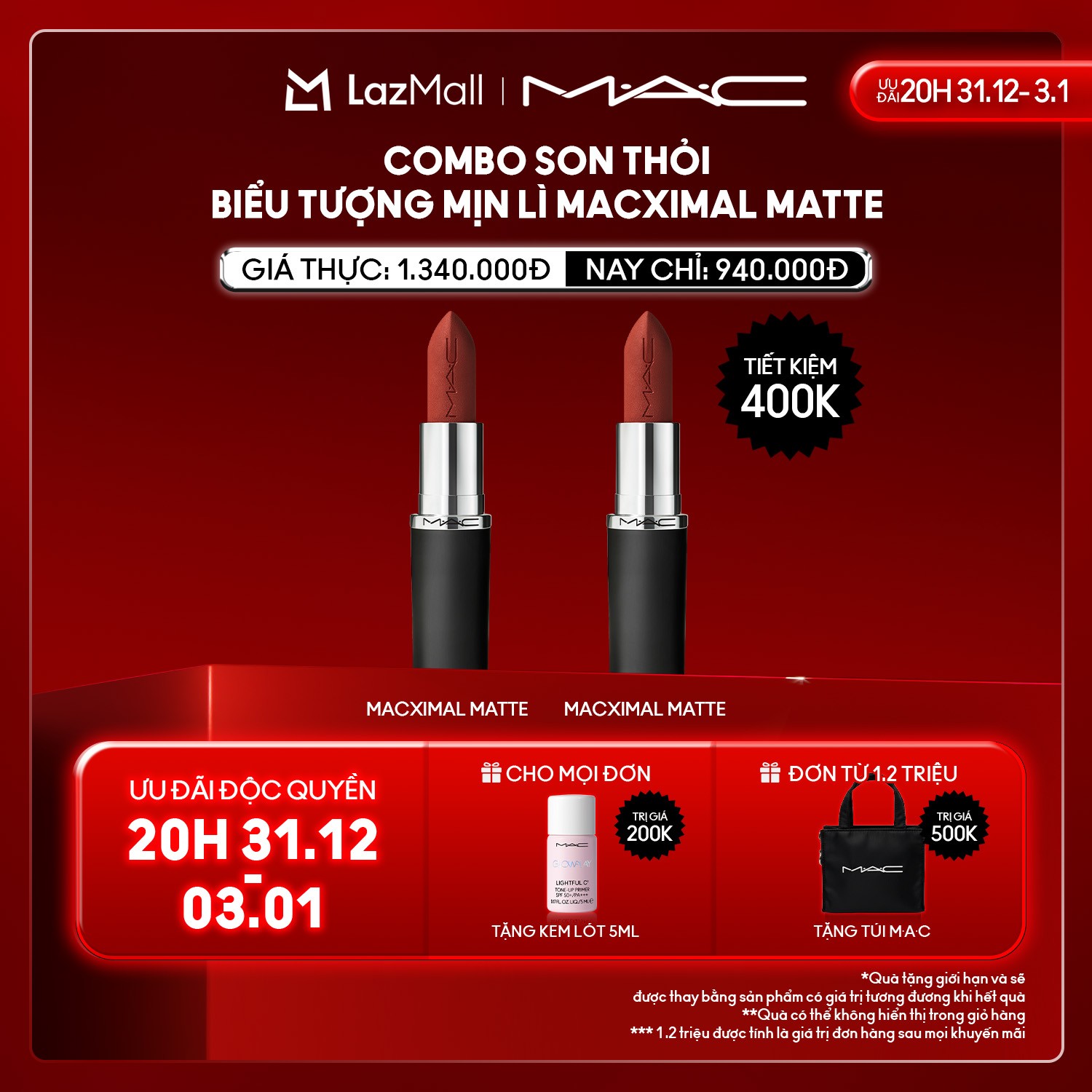   ĐỘC QUYỀN 20H 31.12-3.1  MAC - Bộ 2 món: MAC MACXIMAL Matte Lipstick  Son thỏi lì biểu tượng cải tiến vượt trội mang lại cảm giác thoải mái cho đôi môi với chất son mịn 