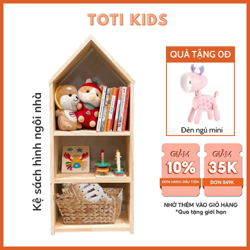 Kệ sách hình ngôi nhà trệt Toti Kids TK004, giá sách đứng để đồ đa năng để đồ chơi cho bé
