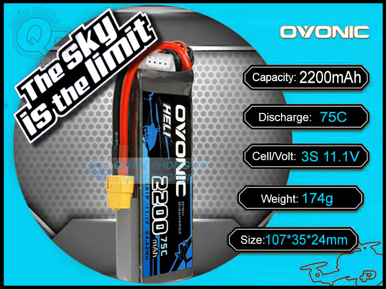 Ovonic HELI Xanh Dương 2200mAh 3S 75C 11.1V LiPo Battery XT60 Plug