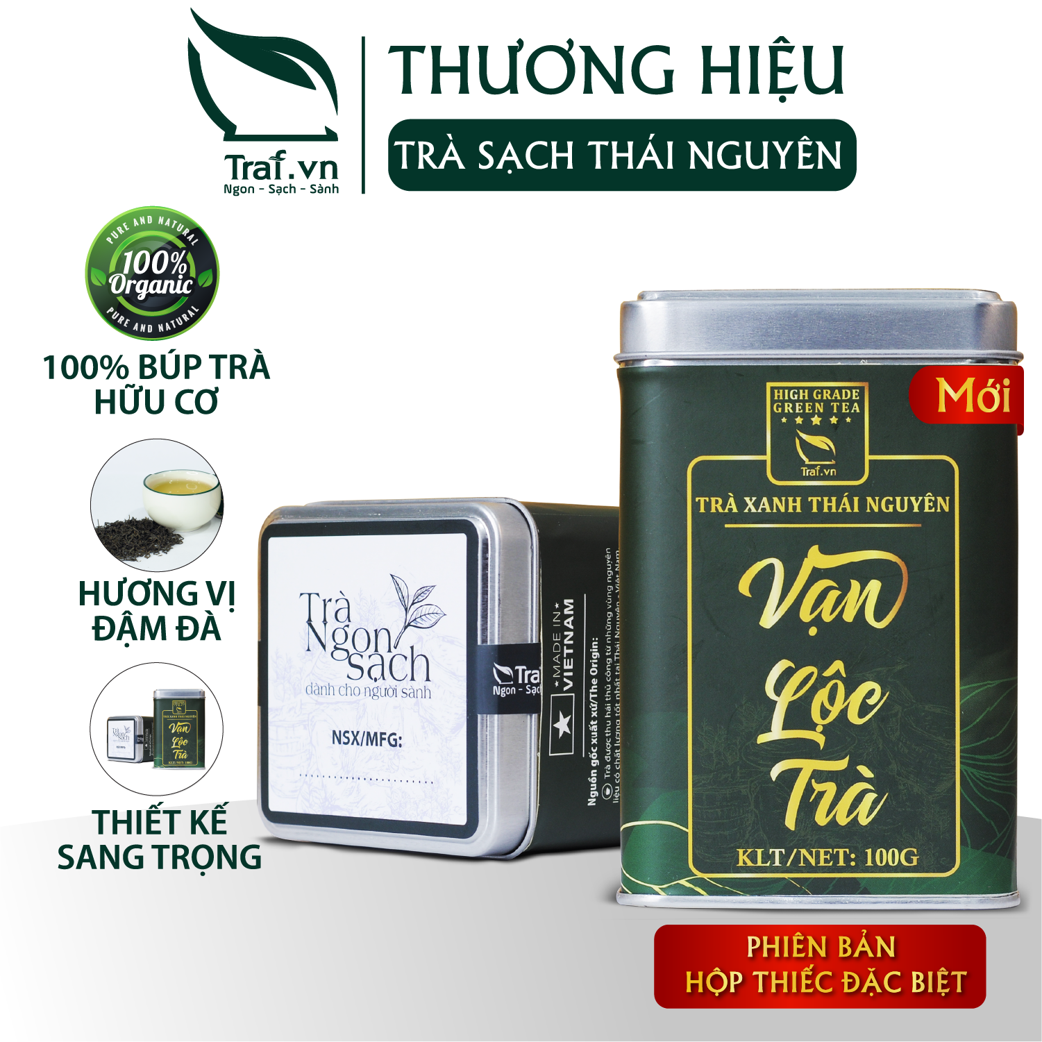 Trà thái nguyên cao cấp , vạn lộc trà , hộp thiếc 100gram