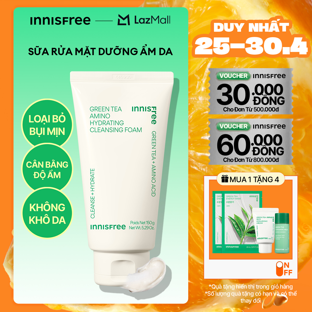 Sữa rửa mặt trà xanh sạch sâu ẩm mịn INNISFREE Green Tea Amino Cleansing Foam 150g