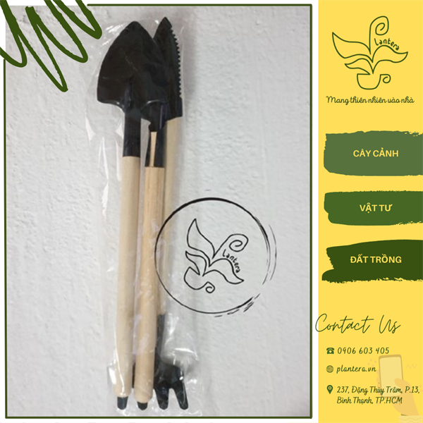 Bộ dụng cụ làm vườn 3 món mini cán gỗ 50g - dụng cụ làm vườn - cào, cuốc, xẻng