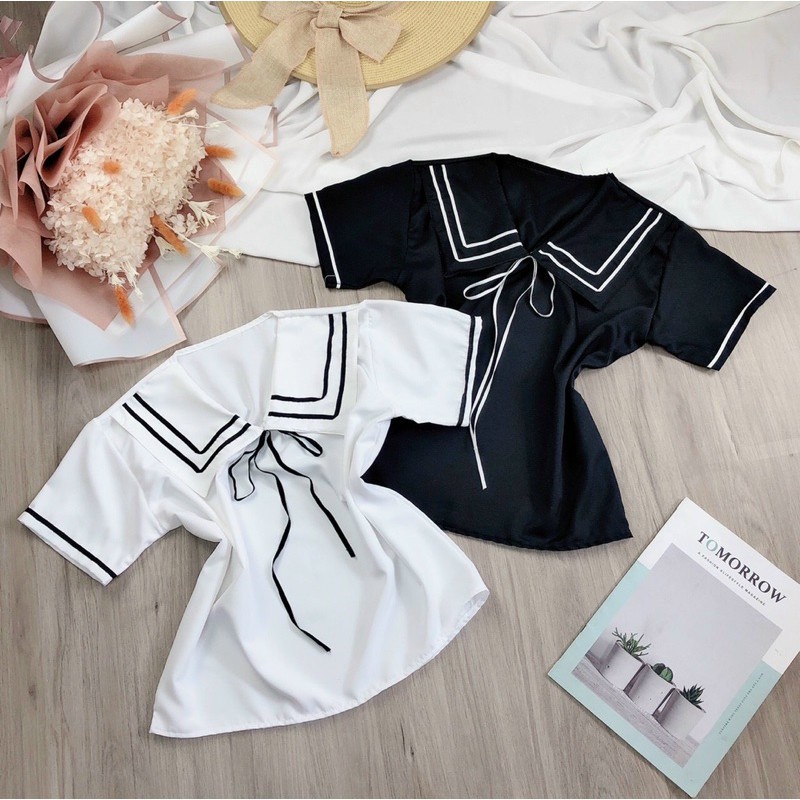 Áo kiểu thủy thủ tay ngắn viền