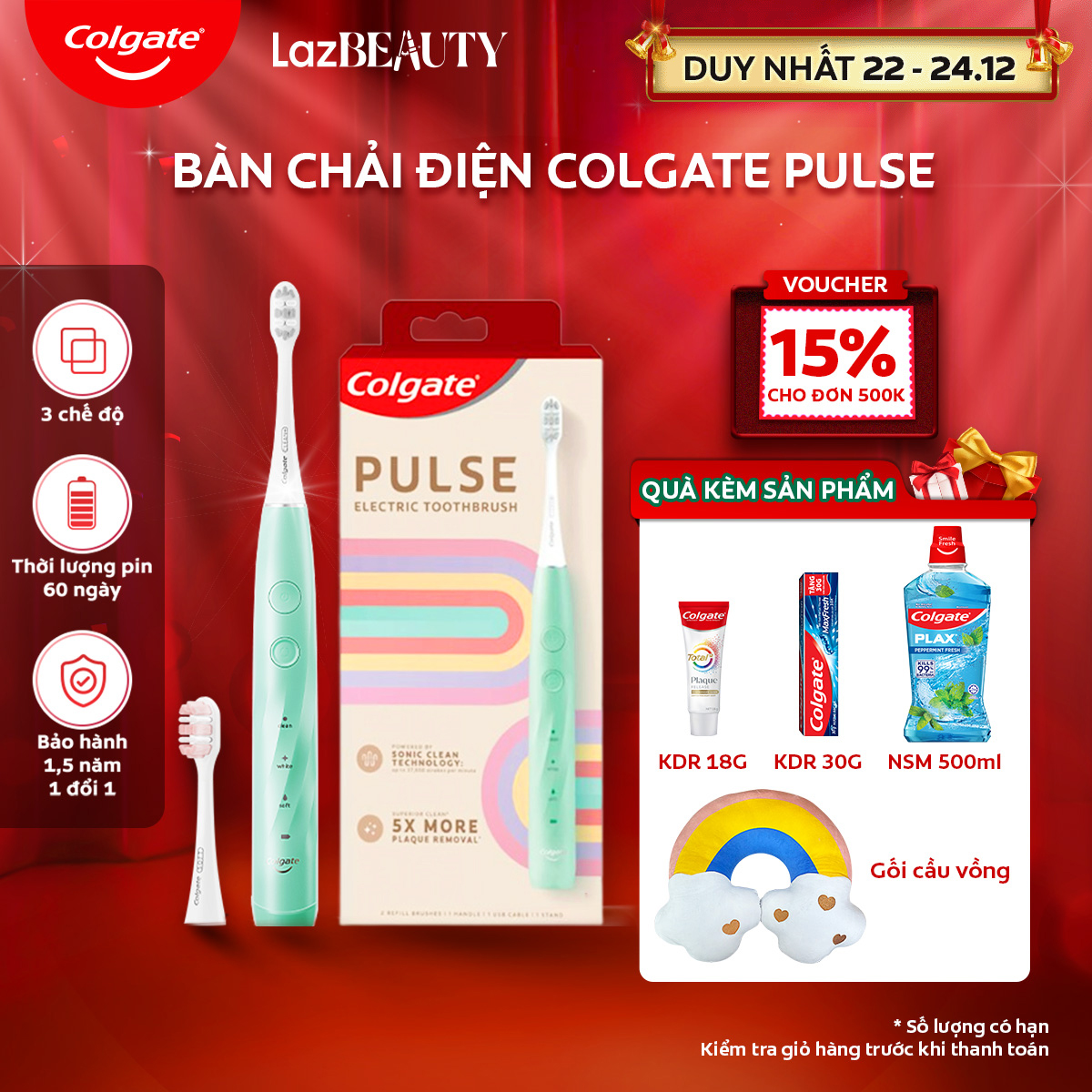 [Chỉ 22 - 24.12_Voucher giảm thêm 100K]Bàn chải điện Colgate PULSE công nghệ sóng âm, sạch mảng bám gấp 5 lần, pin 60 ngày