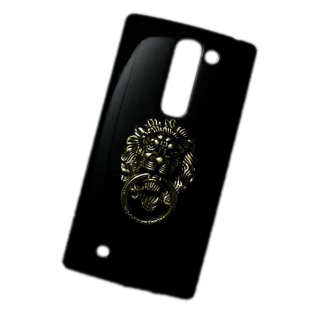 Cover for LG Magna G4C 3D Metal Bronze Lion Head Finger Ring Stand Holder Black Back Hard Case