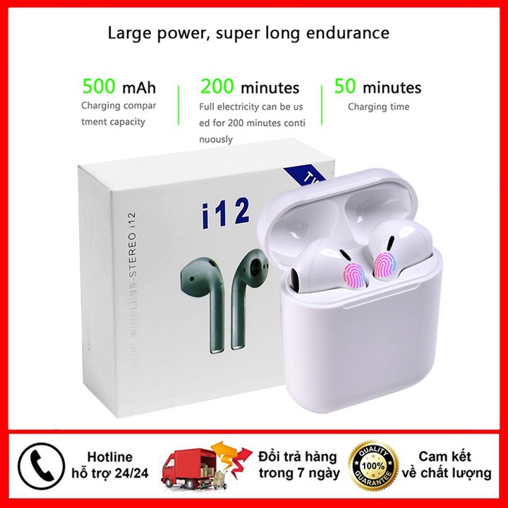 Tai nghe bluetooth không dây i12 pro - tai nghe không dây có mic - cảm biến - pin siêu khỏe