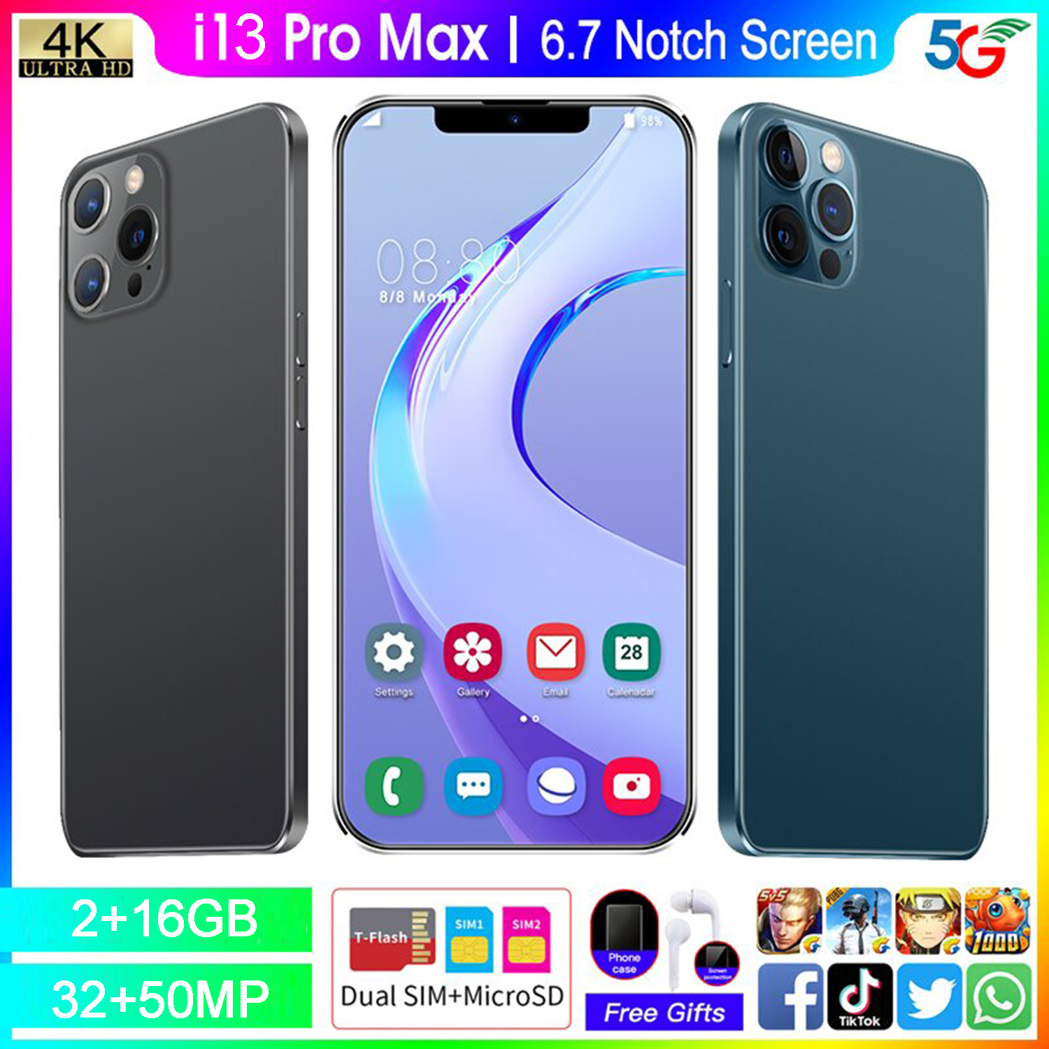 điên thoại i13 Pro max Điện Thoại Di Động Chính Hãng Murah Màn Hình Full HD 6.7Inch Điện Thoại Di Động Bộ Nhớ Lớn 2+16GB Hai Thẻ Sim Camera HD 32+50MP Pin 6800mAh điện thoại mới giá rẻ
