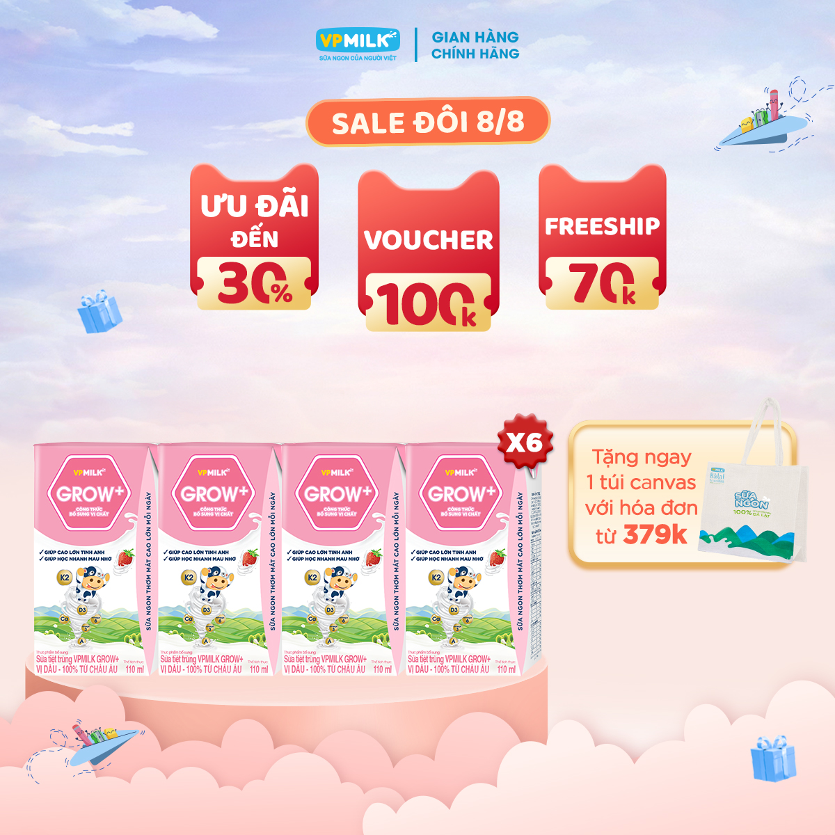 Sữa tiệt trùng vpmilk grow+ vị dâu cho bé từ 1 tuổi