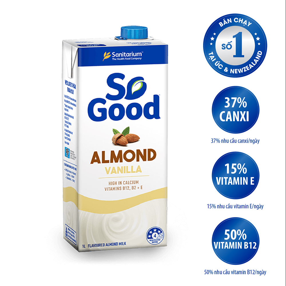 Hộp sữa hạnh nhân hương vani So Good Úc 1L, calo thấp, bổ xung canxi và vitamin phù hợp mẹ bầu, người ăn kiêng