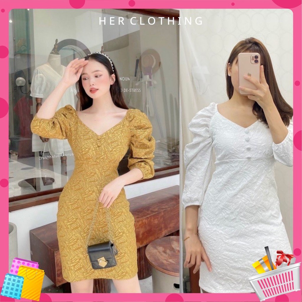 [vải loại 1 có lót toàn thân] Đầm dự tiêc vải gấm nữ màu trắng nút bọc mặc dạo phối cực sang chảnh