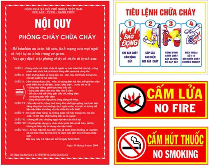 Bộ 4 bảng gồm nội quy tiêu lệnh Phòng cháy chữa cháy, cấm lửa cấm thuốc - chất liệu tôn cao cấp